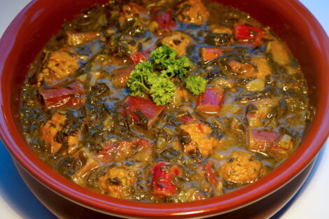 Bowl of bright rhubarb stew