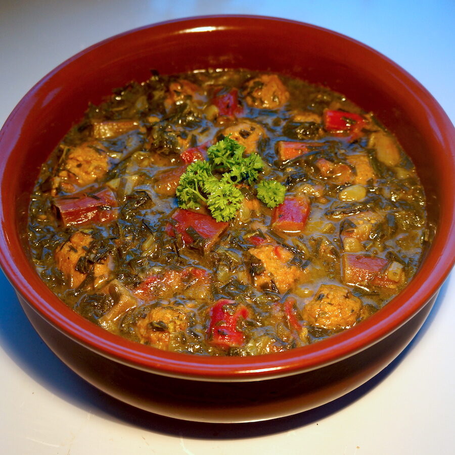 Bowl of bright rhubarb stew