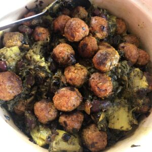 Rhubarb stew with vegan meatballs.